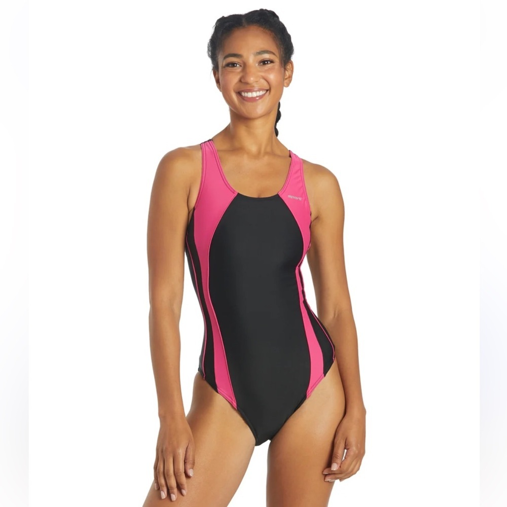Sporti Piped Splice Wide Strap One Piece Pink Black Swimsuit 34 NWOT